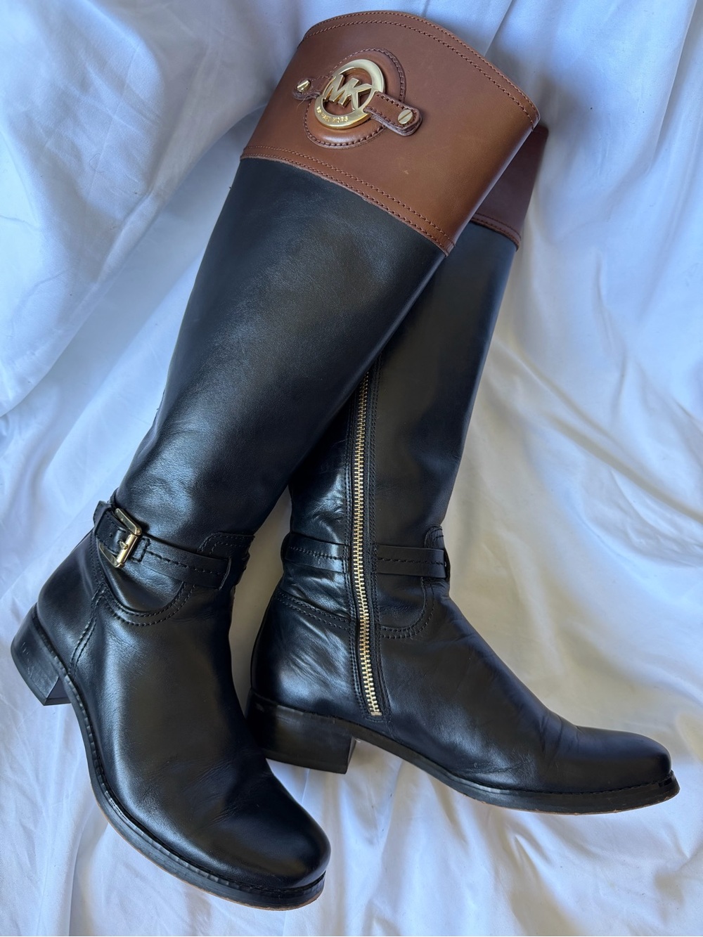 Michael Kors MK Stockard Leather Riding Boots Black/Mocha Size 6 1/5